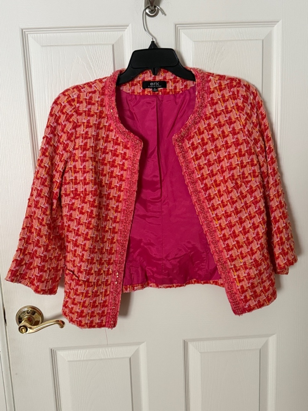 Eric Signature Pink and Red Tweed Cropped Jacket size 4 open front beaded trim